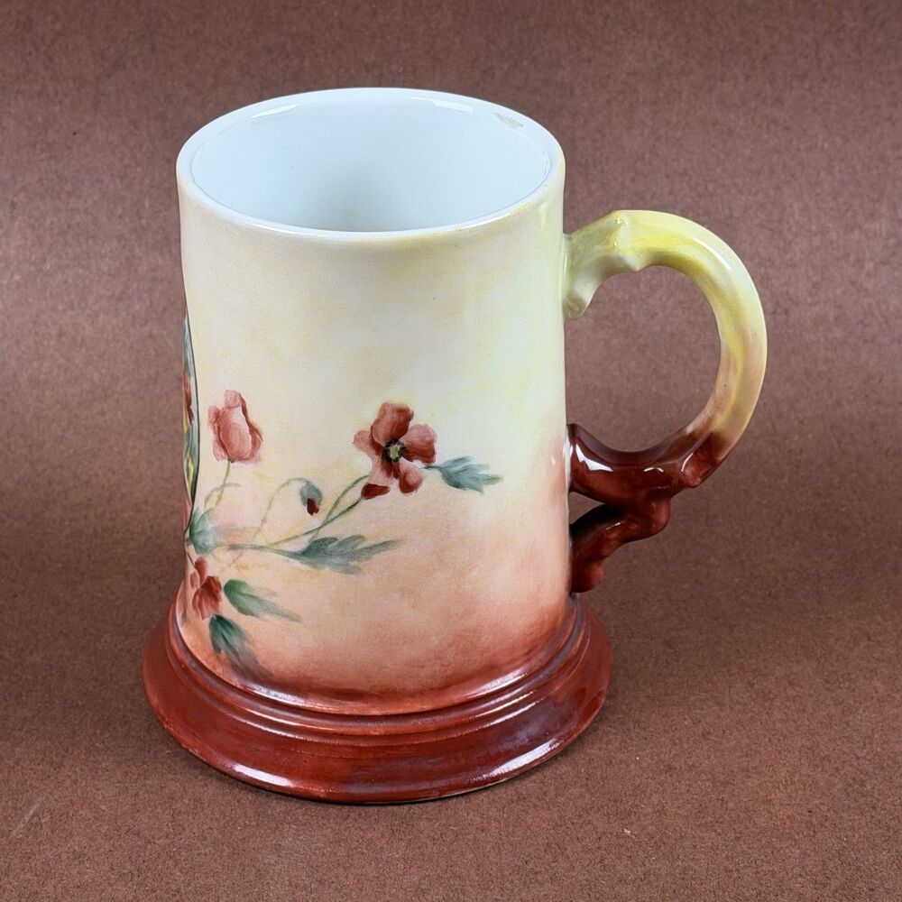 Old JPL Limoges Decorated Porcelain Mug Tankard Blonde Woman & Flowers Signed